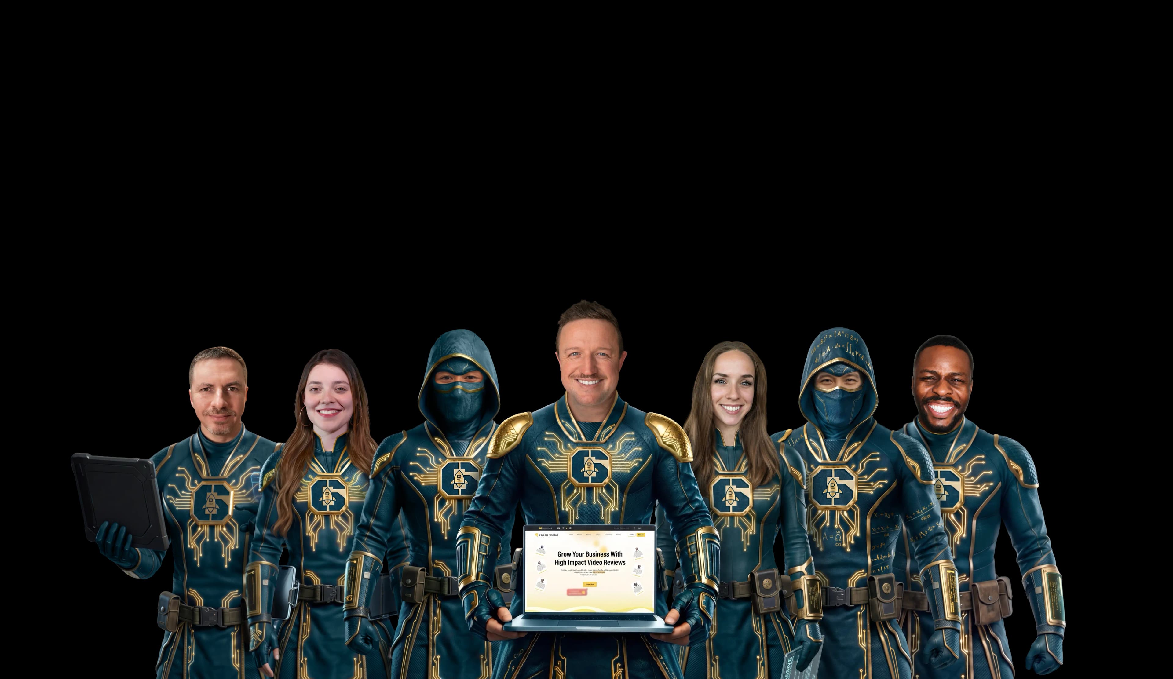 Seven Development 180 team members in DevTeam6 suits, the centre one holding a laptop that shows the Squeeze Reviews website